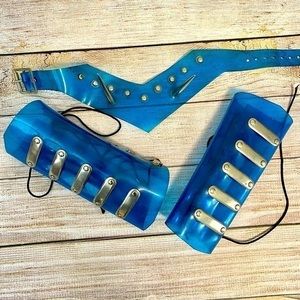 Vintage Y2K Cyber Blue Silver Spike Collar Cuffs Set